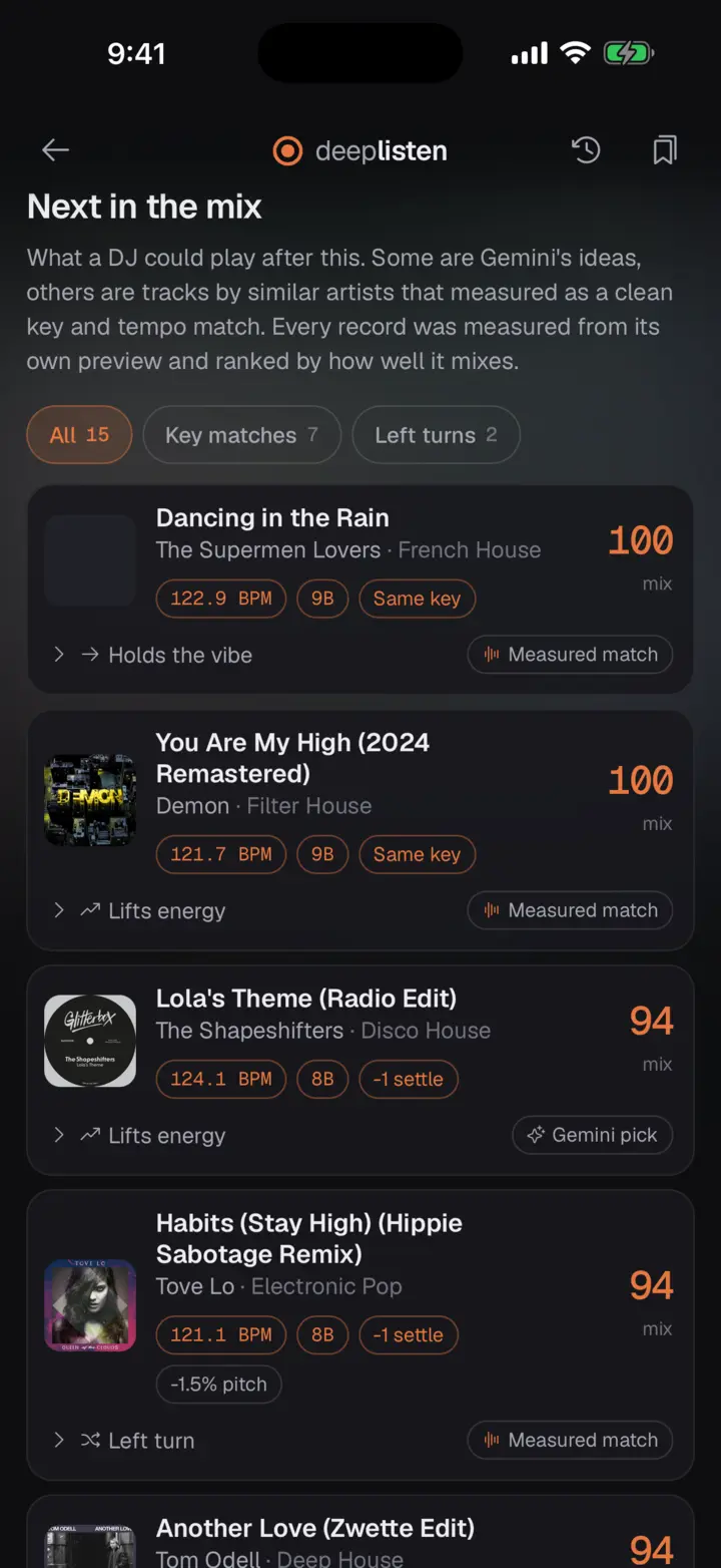Next in the mix: tracks ranked by how well they blend after the song, each with tempo, key and a mix score